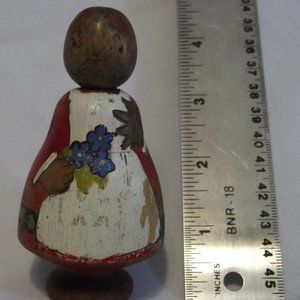 Primitive hand painted girl w/flowers, red dress, & white apron wood